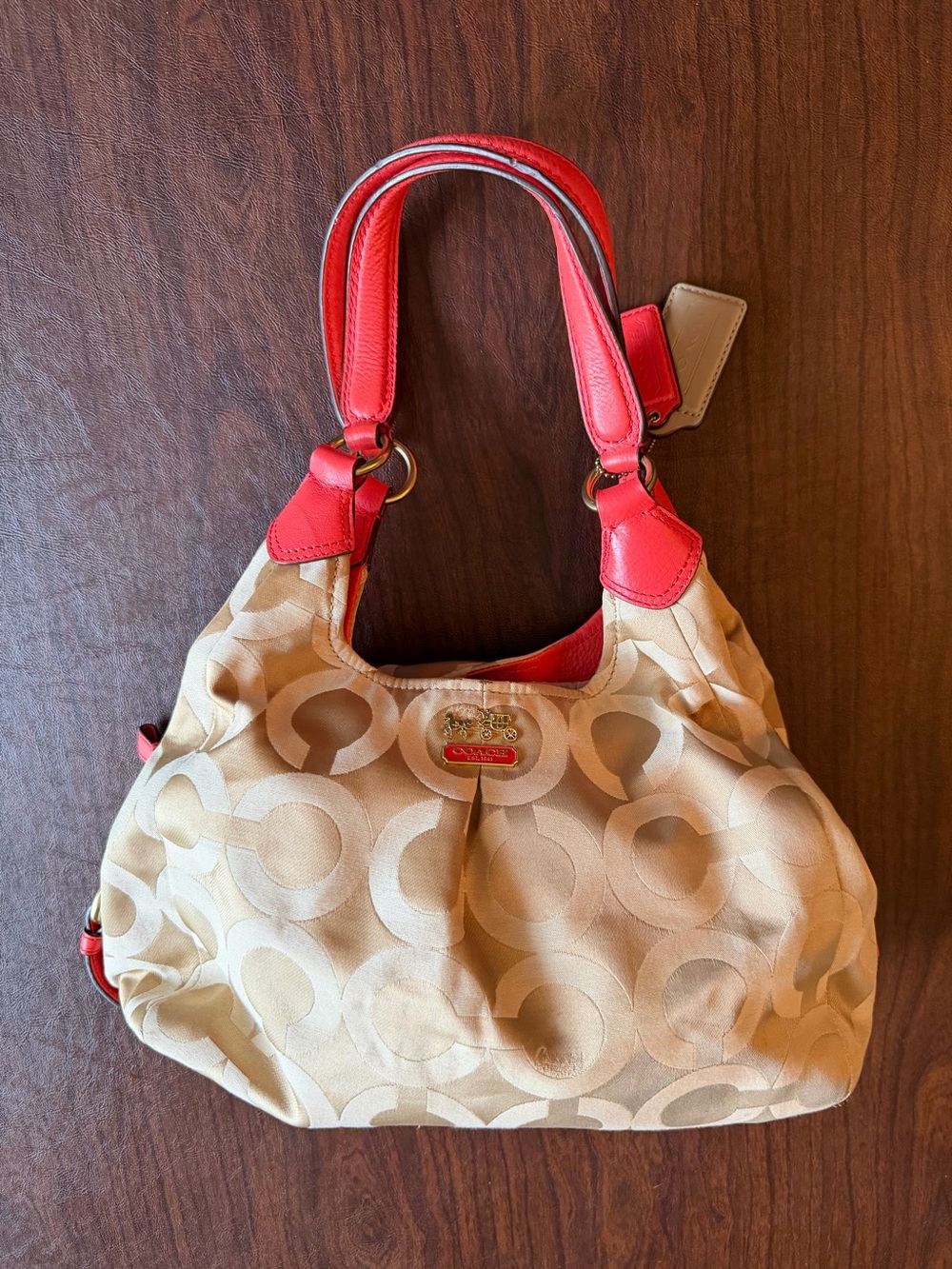 Vintage Coach Signature Jacquard Red Leather Shoulder Bag